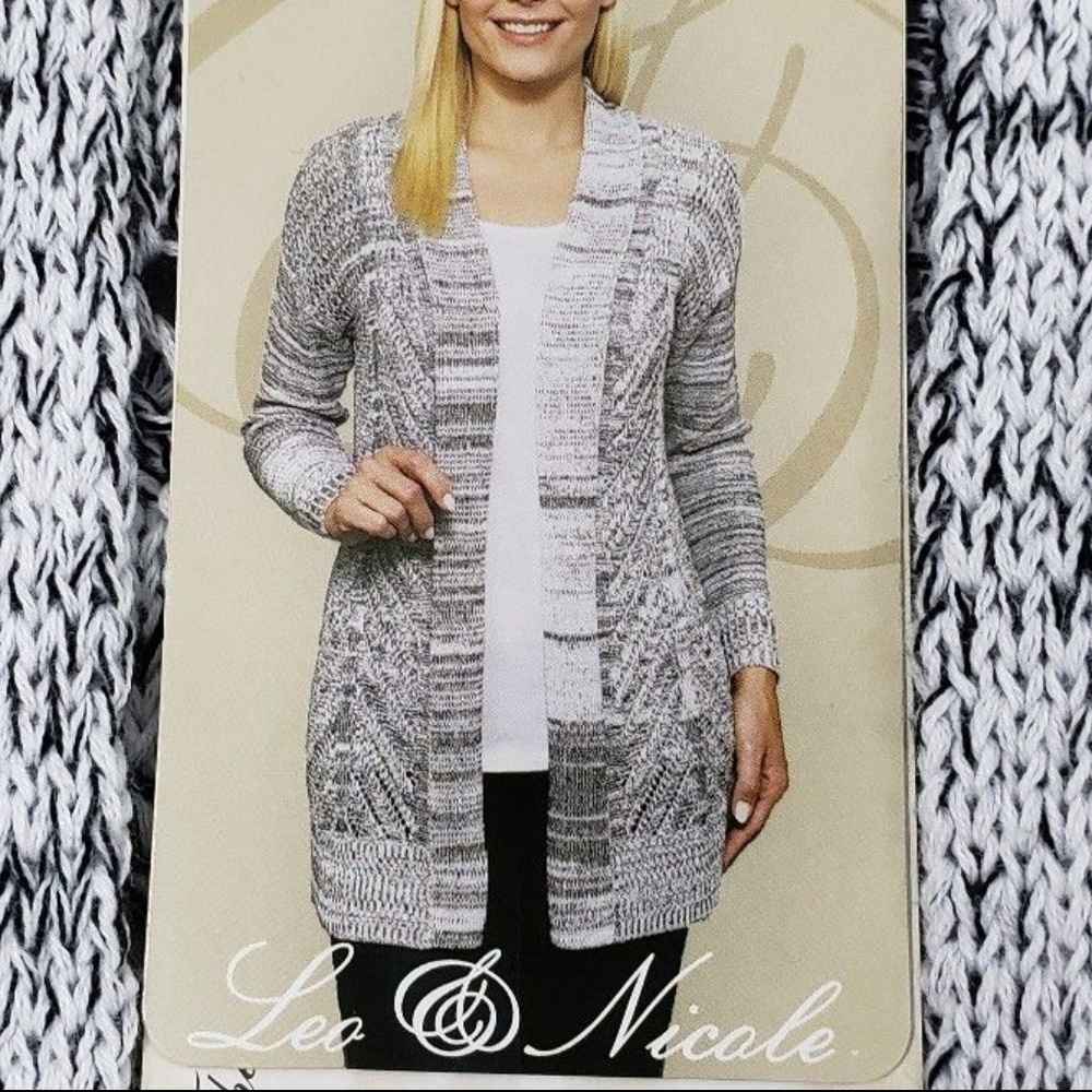 Leo & Nicole Open Front Marled Pointelle Cardigan Size Small